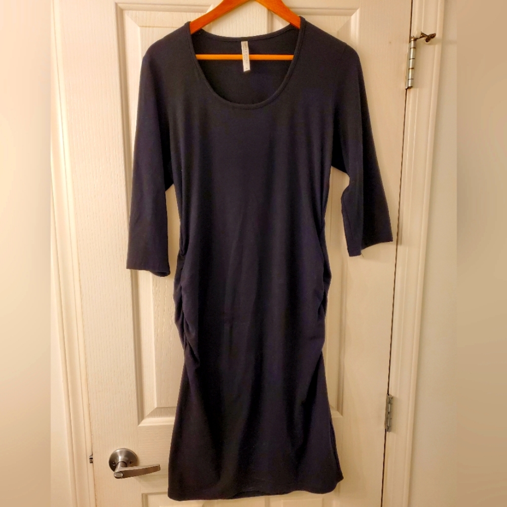 Black ruched midi maternity dress
